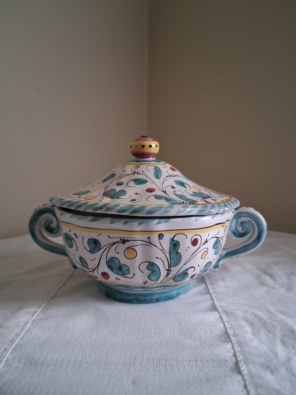 Grazia Deruta Itly Hand-Painted Blue Floral Ceramic Covered Bowl